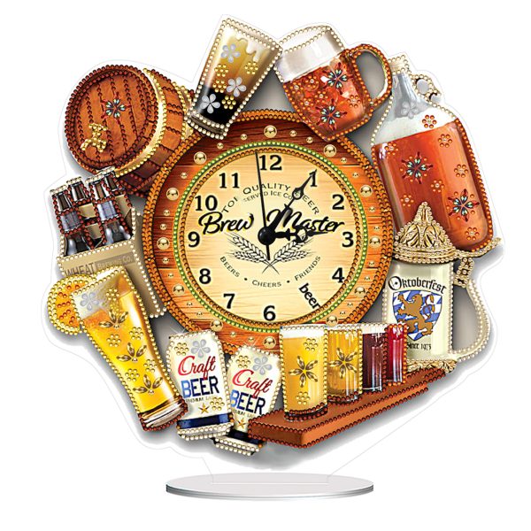 5D DIY Special Shape Diamond Painting Desk Ornament Handmade Clock Kit(Beer Time)