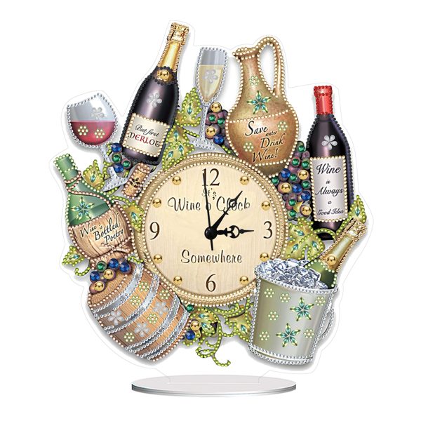 5D DIY Special Shape Diamond Painting Desk Ornament Handmade Clock Kit(Wine)